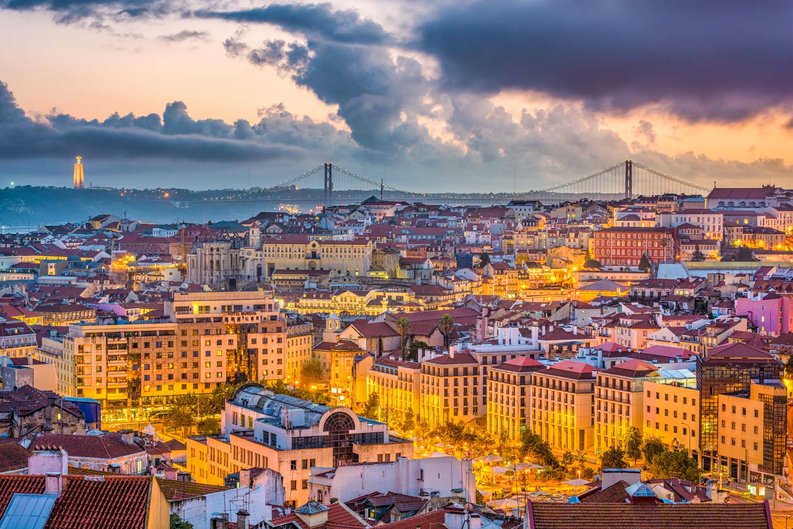 Lisbon, Portugal skyline after sunset.