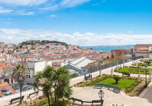 Panoramic view of Lisbon rooftop from Sao Pedro de Alcantara viewpoint - Miradouro in Portugal